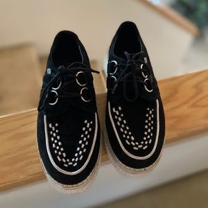 TUK black suede creepers with white soles rare